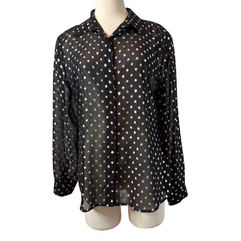 Chico's Sheer Black Blouse with Gold Dots size 2-large